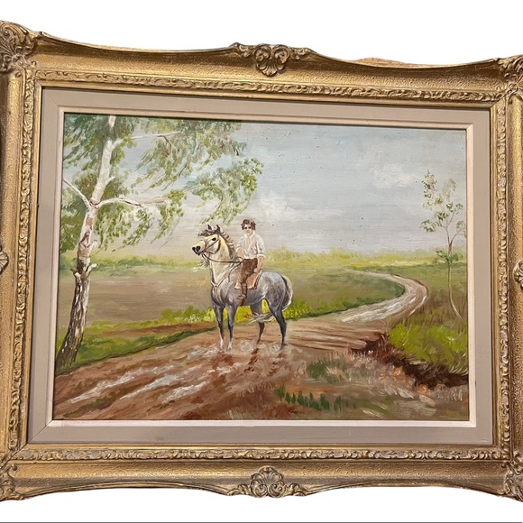Vintage Other - Vintage Polish unsigned oil painting Boy on a horse framed on board